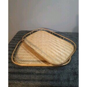Bamboo Woven Rattan Pair of Rectangular Trays Bohemian and Beach Decor Set Of 2